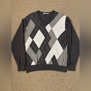 RAFFI -XL (54) -MEN’S EXTRA FINE MERINO WOOL V-NECK KNITWEAR| -Brown Tan Argyle